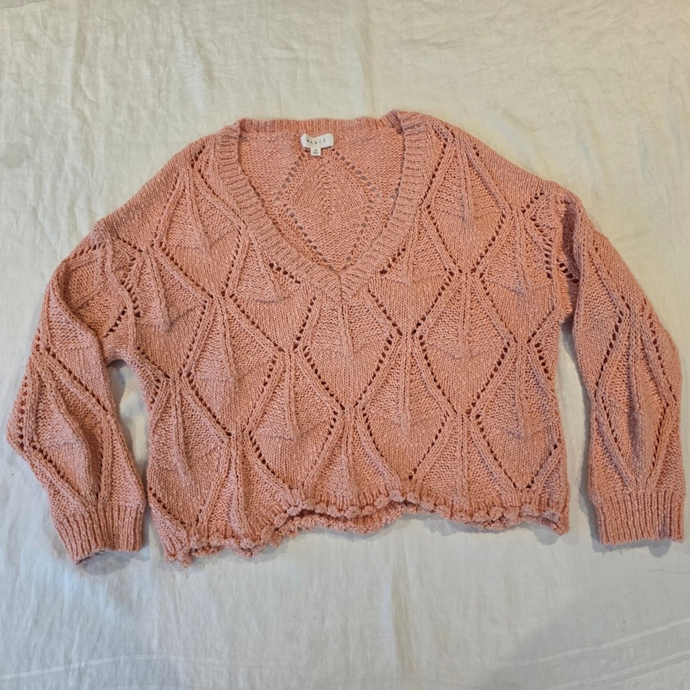 Mable Pink Diamond Pointelle Bulky Open Knit Cotton Sweater MT1556 Womens Medium